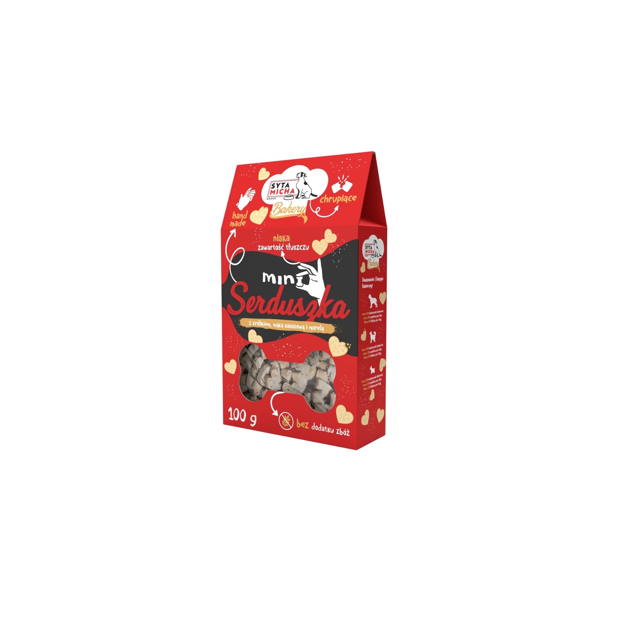 Syta Micha Mini Serduszka ciastka dla psa z królikiem, mąką kokosową i morelą 100 g Syta Micha Waniliowe Ciacha z dziczyzną, kokosem i morelami 100 g - obrazek 1